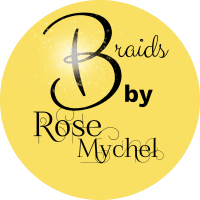 A yellow circle with the words braids by rose mychel written in it.
